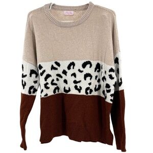 Pink Lily cheetah print striped neutral sweater L tan brown fall casual winter